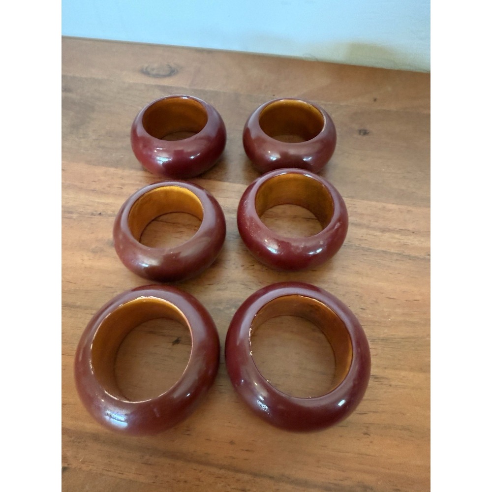 Vintage‎ Napkin Rings Burgundy Wooden Set 6pc Decor Kitchen Dinning